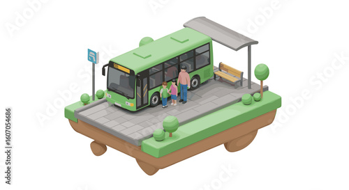 Isometric city bus stop with passengers and green bus on floating plat
