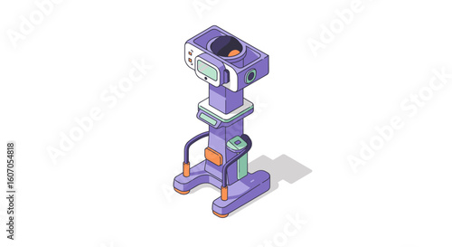 Futuristic isometric robot vacuum tower with modern design on white ba