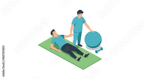 Isometric physical therapy session with therapist and patient using ex