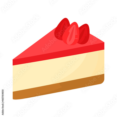 A delicious slice of strawberry cheesecake with a red fruit glaze, creamy layer, and biscuit crust.