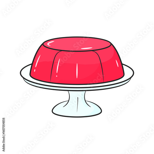 A shiny red gelatin dessert with glossy highlights, served on a white pedestal cake stand.