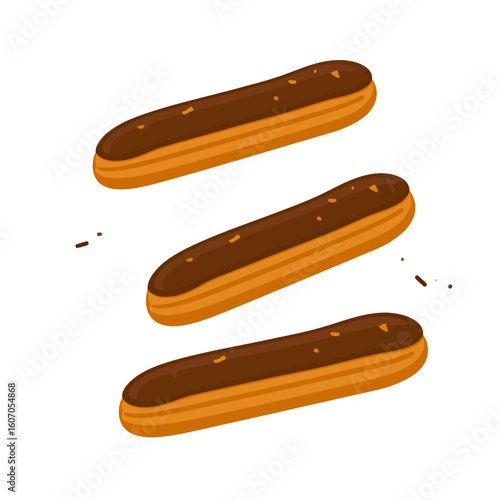 Trio of classic chocolate eclairs with glossy ganache and nut sprinkles, flat vector style.