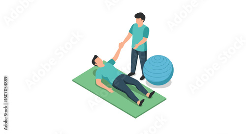 Physical therapy session with patient and therapist isometric design