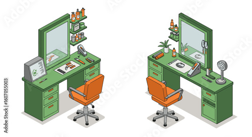Stylish barber shop interior with green furniture and accessories in i