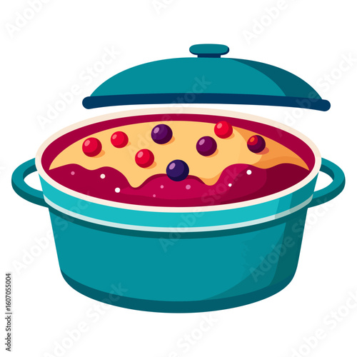 A vibrant teal Dutch oven filled with a creamy berry pudding, topped with fresh red and purple berries.