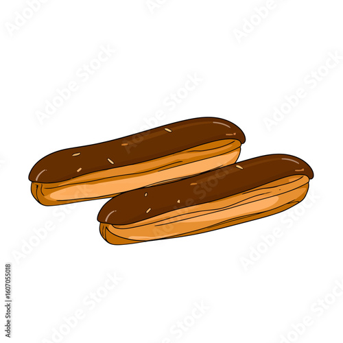 Stylized illustration of two golden choux pastry eclairs with rich chocolate glaze and tiny sprinkles.