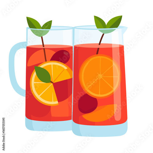 Two glass pitchers of red fruit sangria with orange slices, cherries, and fresh mint garnish.