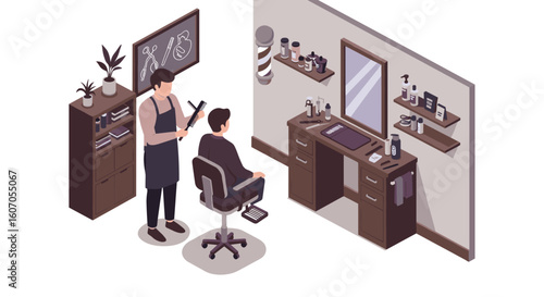 Modern barber shop interior scene with hairdresser and customer in iso