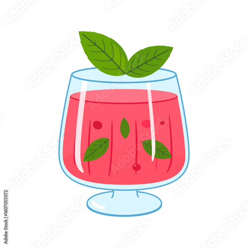 A vibrant pink berry cocktail in a stemmed glass, garnished with fresh mint leaves.