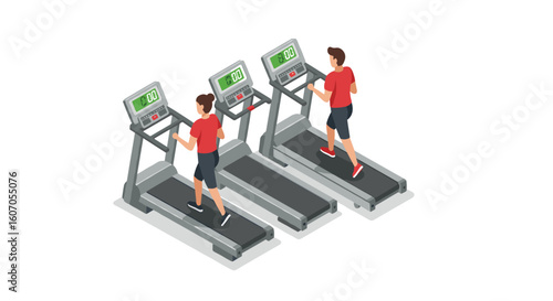 Isometric gym illustration: people exercising on treadmills
