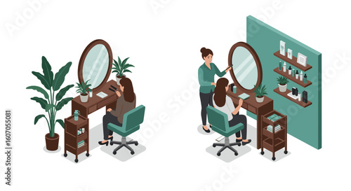 Isometric hair salon interior with mirror and stylists working