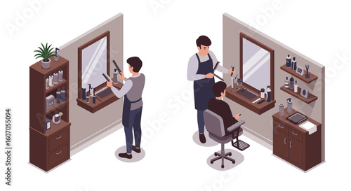 Isometric barber shop scene with haircut and styling activity