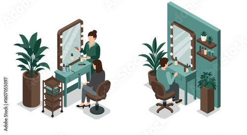 Isometric salon scene with stylist and client in makeup session