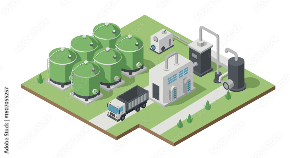 Isometric industrial plant with storage tanks and transportation truck Isometric industrial plant with storage tanks and transportation truck