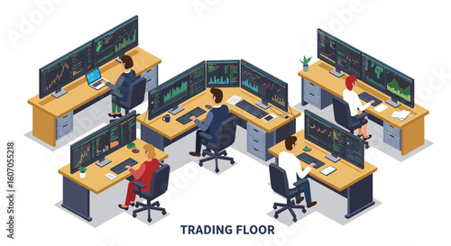 Isometric trading floor with analysts and multiple financial monitors