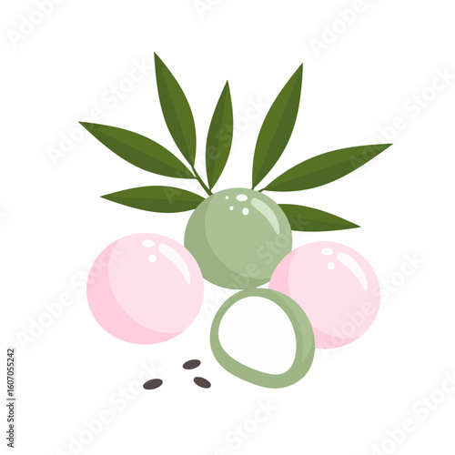 Sweet Japanese mochi balls in pink and green with fresh leaves and sesame seeds.