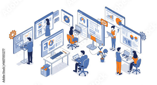 Modern office with technology in isometric style for team collaboratio