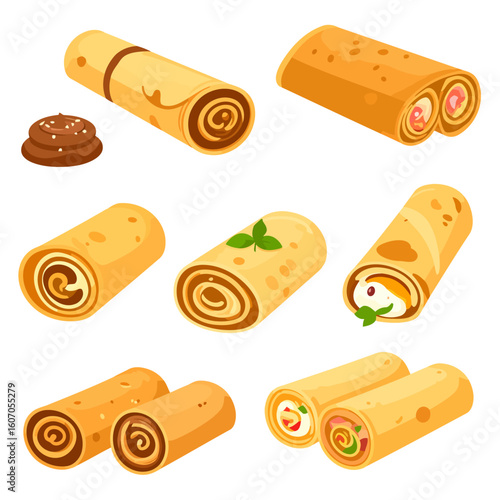 Set of cartoon rolled crepes with sweet chocolate and savory vegetable fillings. A delicious assortment of pancakes.