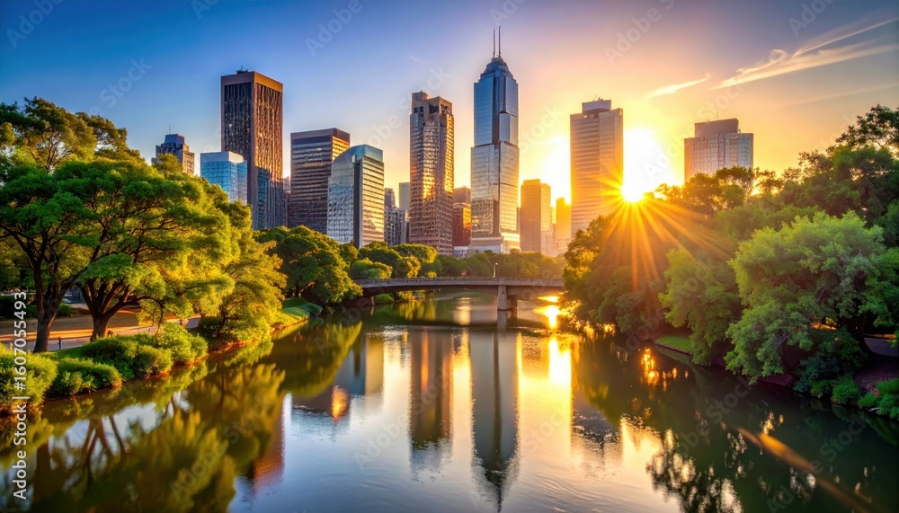 Fototapeta premium Melbourne Skyline at Sunset: Golden Reflections on the Yarra River