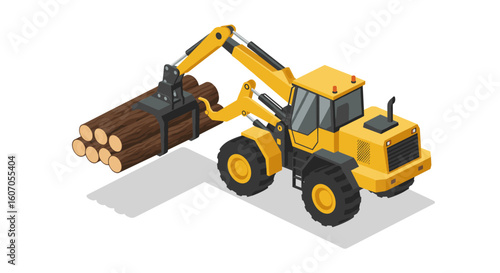Isometric yellow construction loader carrying logs in minimalist style