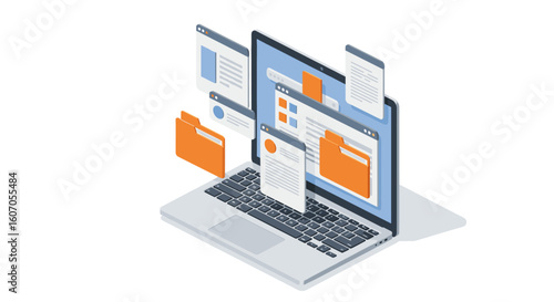 Isometric digital workspace with floating folders and open web browser