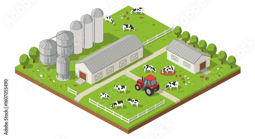 Isometric dairy farm with cows and tractor in a lush pasture setting