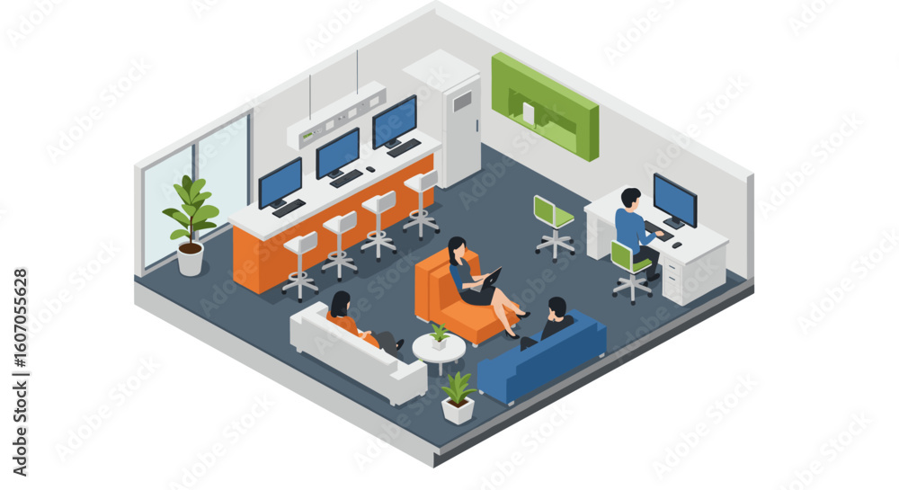 Fototapeta premium Modern office isometric layout with employees and technology