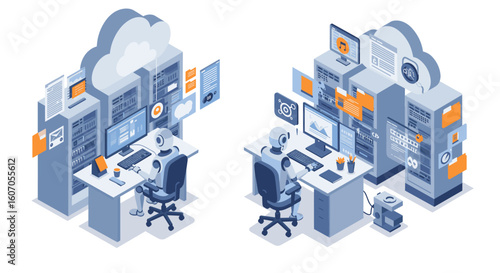 Isometric data center automation with robots and cloud computing techn