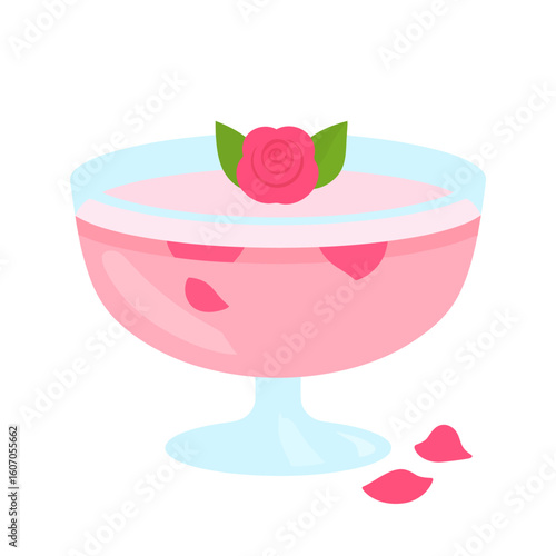 Pink rose dessert in a glass coupe bowl, garnished with a flower and floating petals.