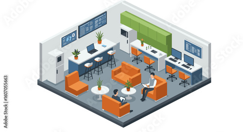 Modern isometric office lounge with seating area and workstations