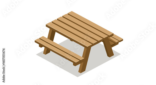 Isometric wooden picnic table on white background for outdoor spaces