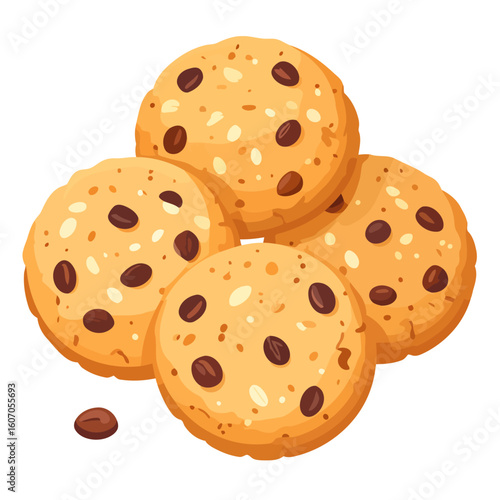 Illustrated pile of delicious golden-brown cookies with coffee beans and oats.