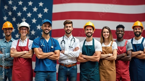 Diverse group of American workers standing in front of the US flag