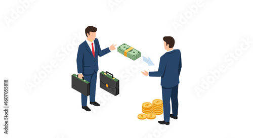 Businessmen exchanging money with briefcases and coins in isometric st