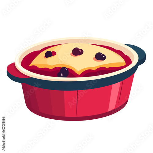 Stylized berry clafoutis with a golden top in a vibrant red ceramic baking dish.