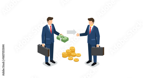 Businessmen exchanging money with briefcases in isometric style