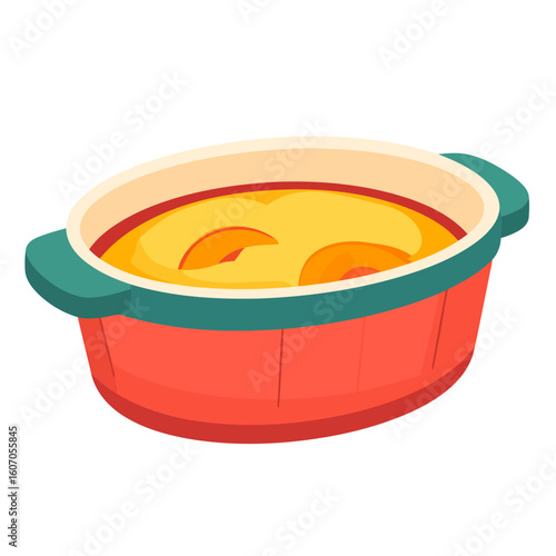 Colorful cartoon casserole dish with a creamy peach bake inside.