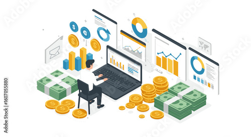 Business analytics isometric design with charts, coins, and cash
