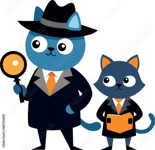 A Cat Detective Duo One Adult Cat With A Magnifying Glass