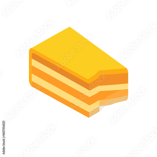 Isometric vector illustration of a rectangular slice of layered yellow cake with a bite mark.