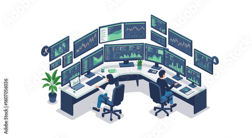 Isometric trading desk setup with multiple monitors and financial char