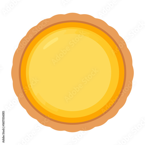 A whole yellow custard pie with a glossy filling and a golden-brown fluted pastry crust, top-down view.