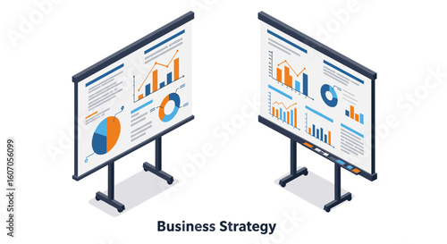 Isometric business presentation with data charts and graphs