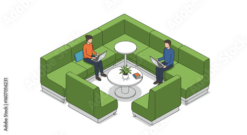 Modern office lounge with laptop users on green sofas in isometric sty
