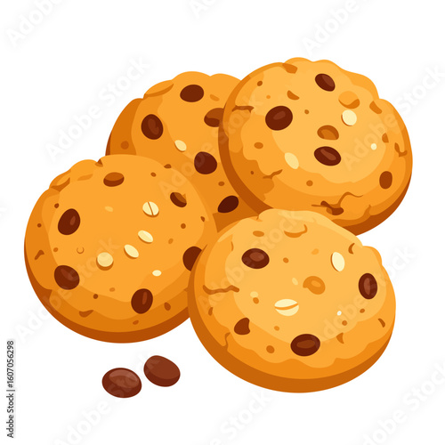 A delicious pile of golden-brown chocolate chip and oatmeal cookies in a clean, cartoon vector style.