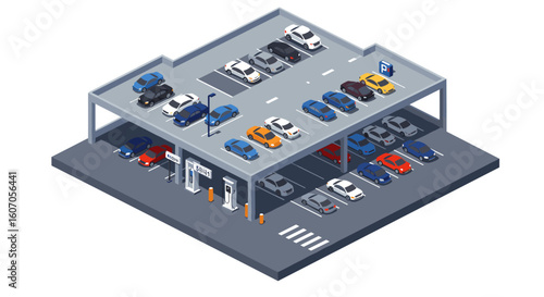 Isometric multi-level parking garage with cars and payment terminal