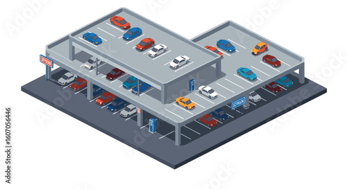 Isometric multi-level garage full of parked cars