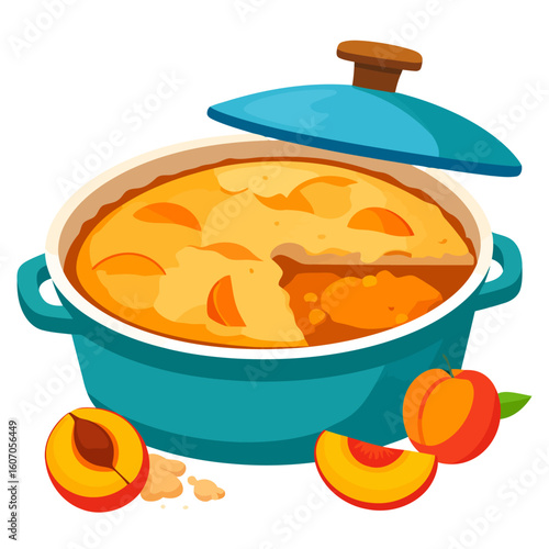 Delicious homemade peach cobbler in a teal Dutch oven, with a slice taken out and fresh peaches nearby.