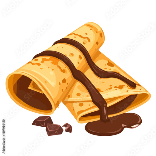 Golden crepes, rolled and folded, drizzled with glossy chocolate sauce and chunks.