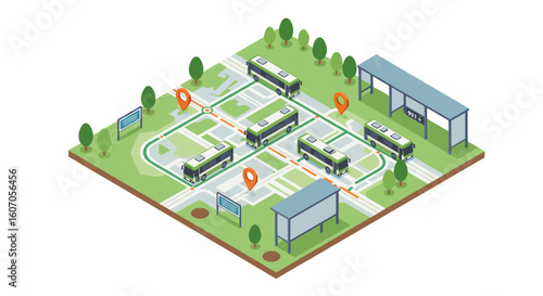 Isometric city map with public transportation routes and buses